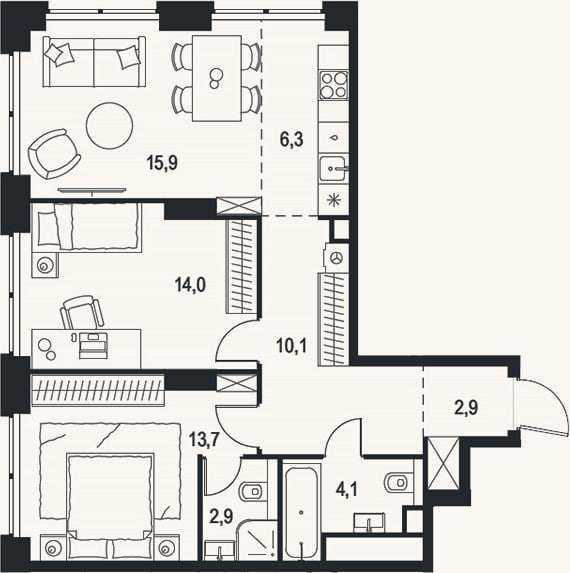 Планировка: 3-к, 69,9 м²