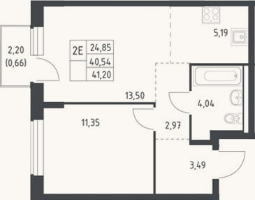 Планировка: 2-к, 40,5 м²