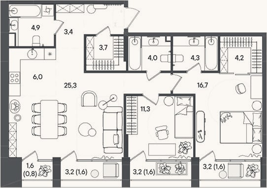 Планировка: 3-к, 89,8 м²