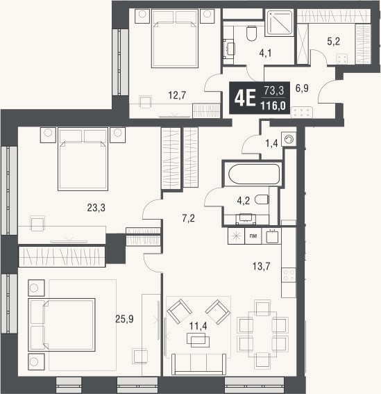 Планировка: 4+ к, 115,7 м²