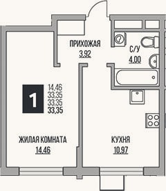 Планировка: 1-к, 33,4 м²
