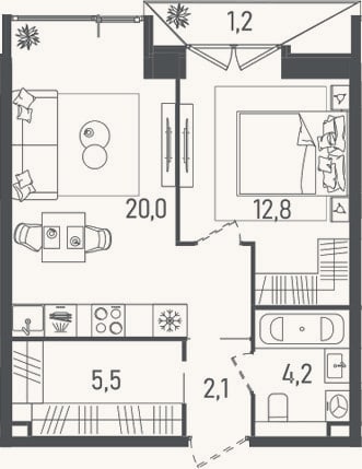 Планировка: 2-к, 44,6 м²