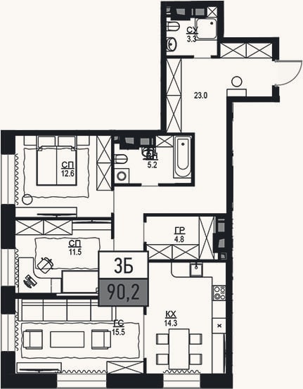 Планировка: 3-к, 90,2 м²