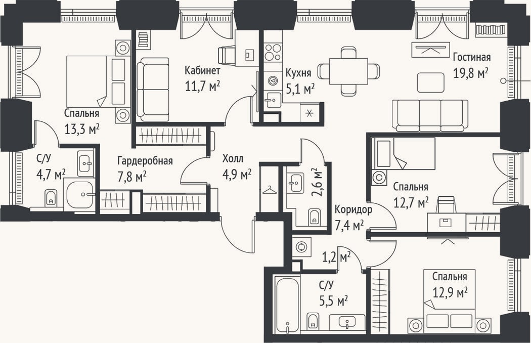Планировка: 4+ к, 109,6 м²