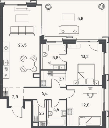 Планировка: 3-к, 76,4 м²