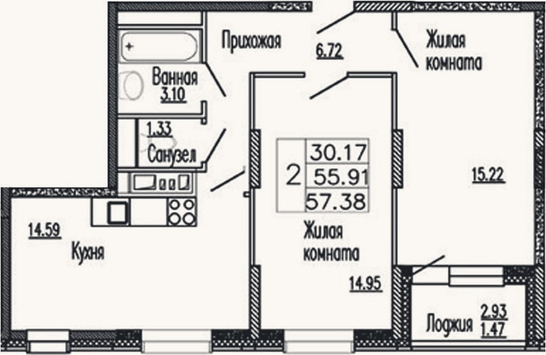 Планировка: 2-к, 55,9 м²