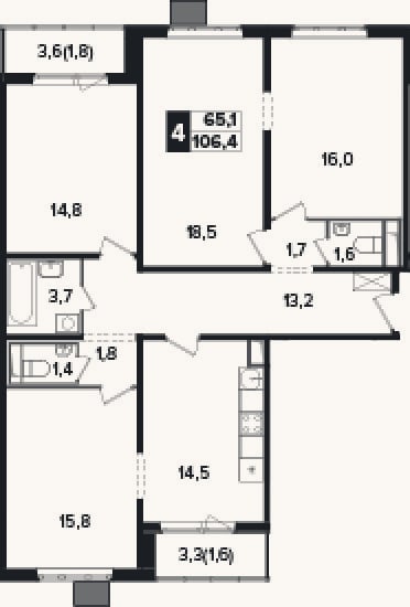 Планировка: 4+ к, 103 м²
