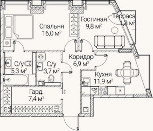 Планировка: 2-к, 60 м²