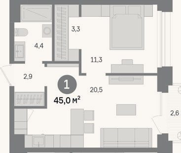 Планировка: 1-к, 42,4 м²