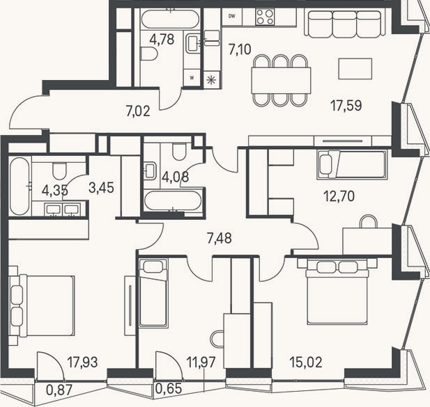 Планировка: 4+ к, 113,5 м²