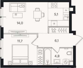 Планировка: 2-к, 41,7 м²