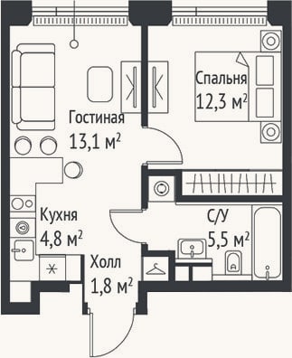 Планировка: 2-к, 37,5 м²