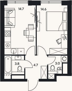 Планировка: 1-к, 40,8 м²