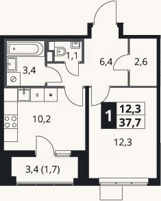Планировка: 1-к, 36 м²