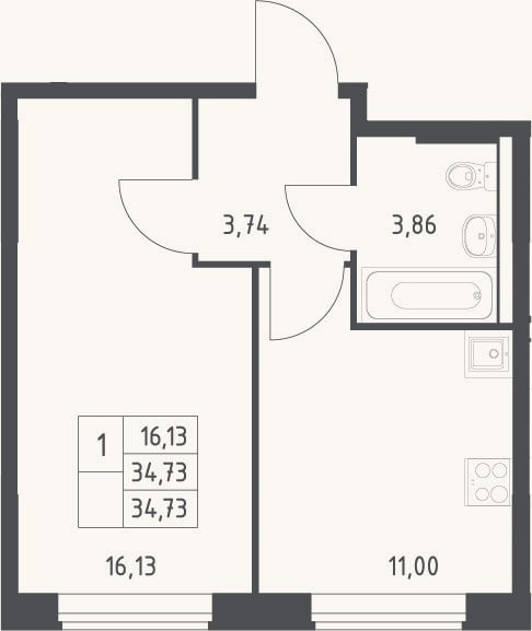 Планировка: 1-к, 34,7 м²
