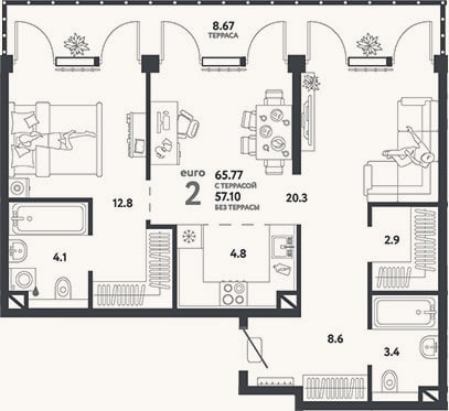 Планировка: 2-к, 57,1 м²
