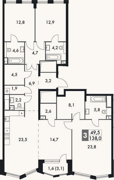 Планировка: 4+ к, 136,4 м²
