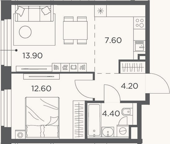 Планировка: 2-к, 42,7 м²