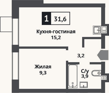 Планировка: 2-к, 31,6 м²