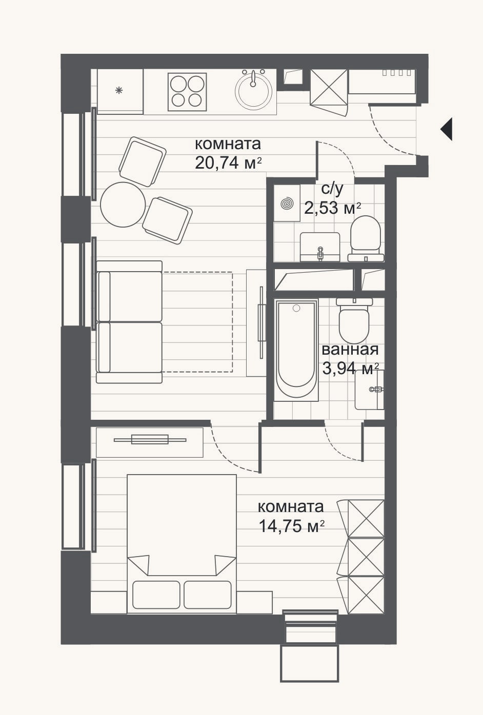 Планировка: 2-к, 42 м²