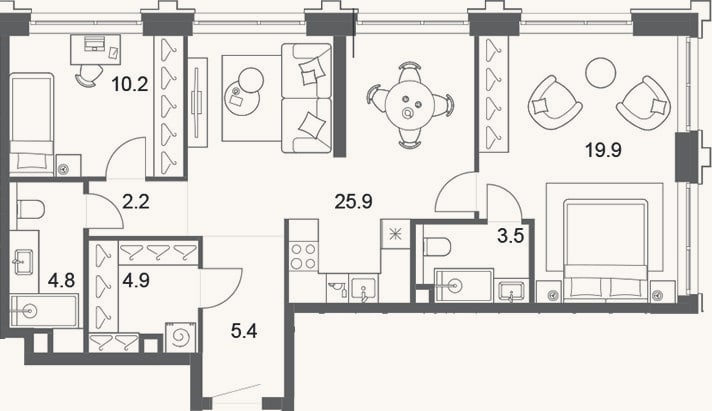 Планировка: 3-к, 76,8 м²