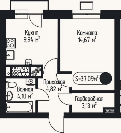 Планировка: 1-к, 37,1 м²