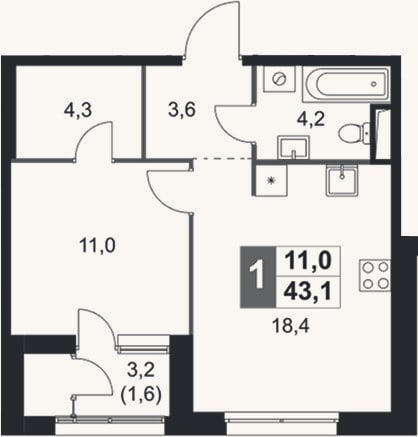 Планировка: 2-к, 41,5 м²