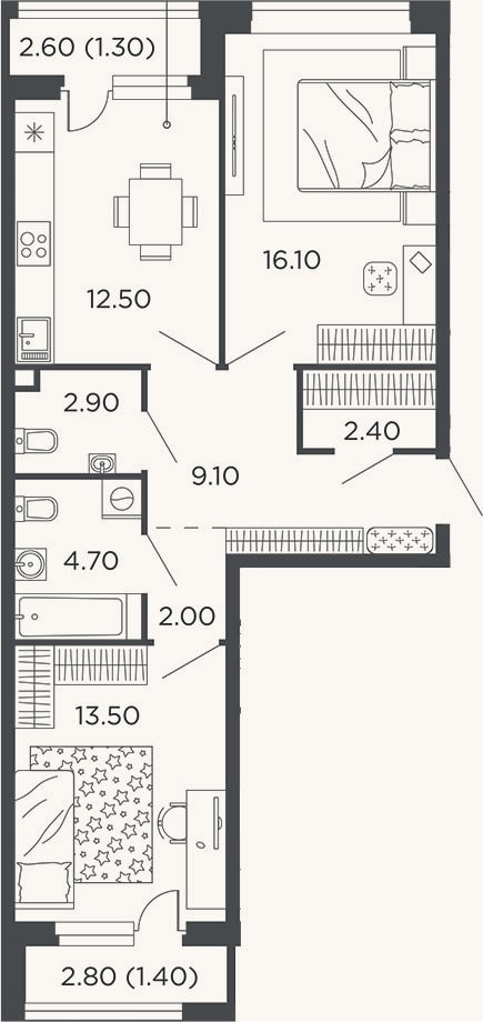 Планировка: 2-к, 63,2 м²