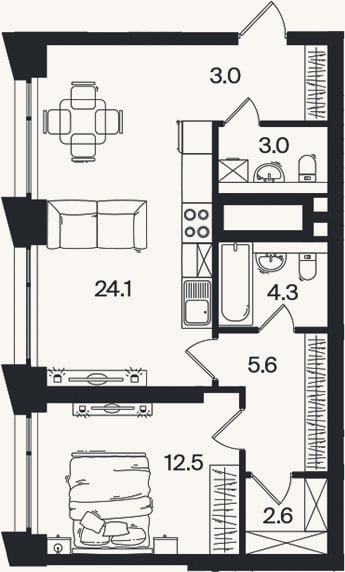 Планировка: 2-к, 55,1 м²