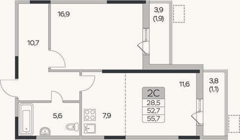 Планировка: 1-к, 52,7 м²