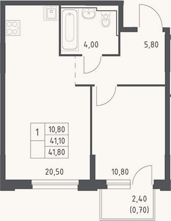 Планировка: 2-к, 41,1 м²