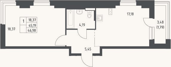 Планировка: 2-к, 46,8 м²