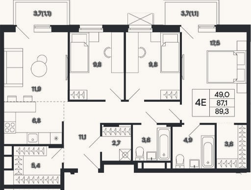 Планировка: 4+ к, 87,1 м²