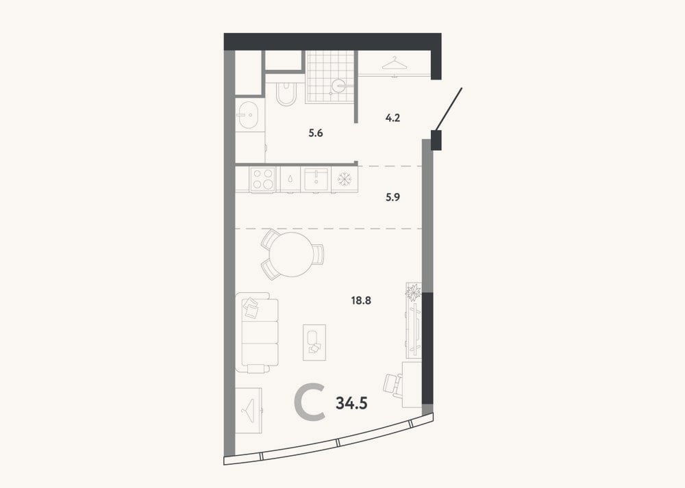 Планировка: Студия, 34,5 м²