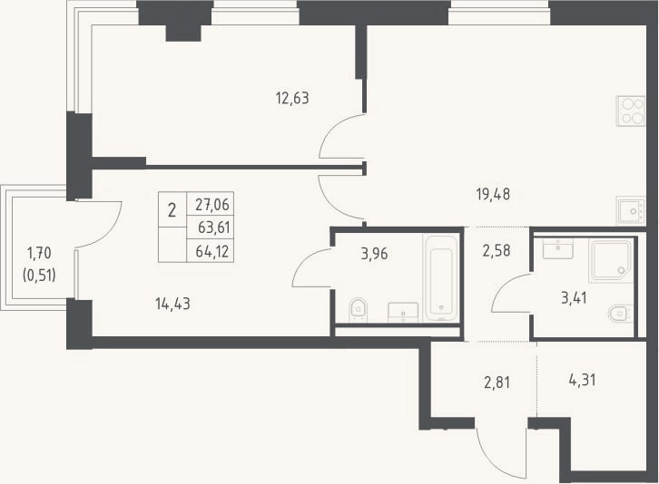 Планировка: 3-к, 63,6 м²