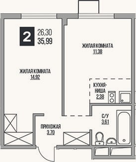 Планировка: 2-к, 36 м²