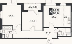 Планировка: 3-к, 63,8 м²