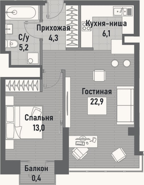Планировка: 2-к, 52,2 м²
