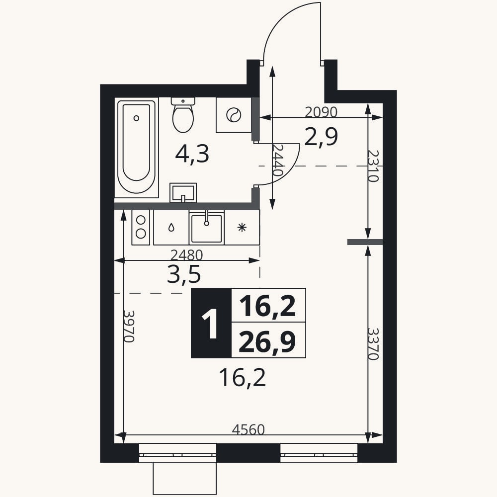 Планировка: Студия, 26,9 м²