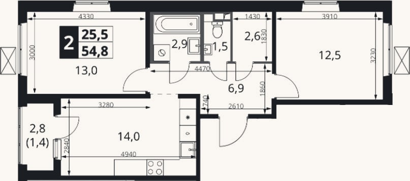 Планировка: 2-к, 53,4 м²