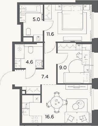 Планировка: 3-к, 54,2 м²