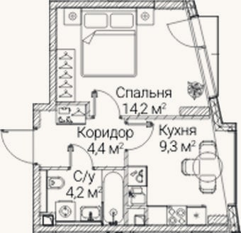 Планировка: 1-к, 32,1 м²