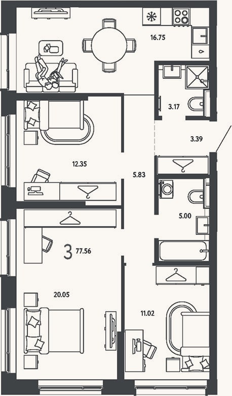 Планировка: 3-к, 77,6 м²