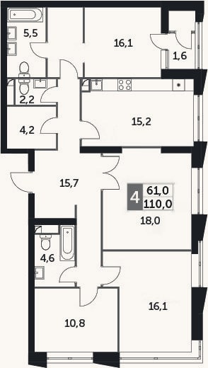 Планировка: 4+ к, 108,3 м²