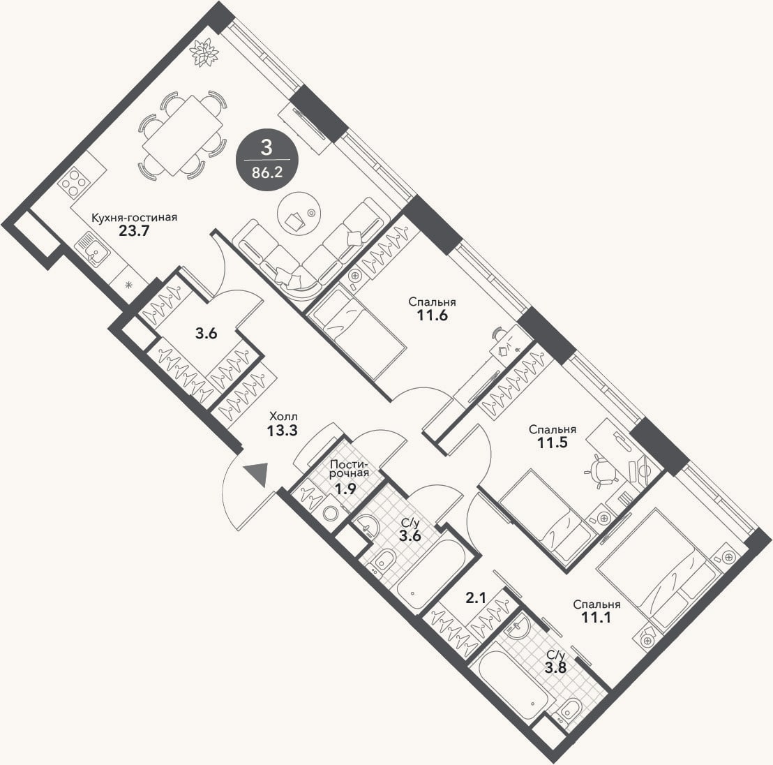 Планировка: 4+ к, 86,2 м²