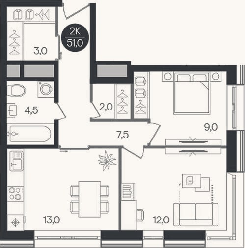 Планировка: 2-к, 51 м²