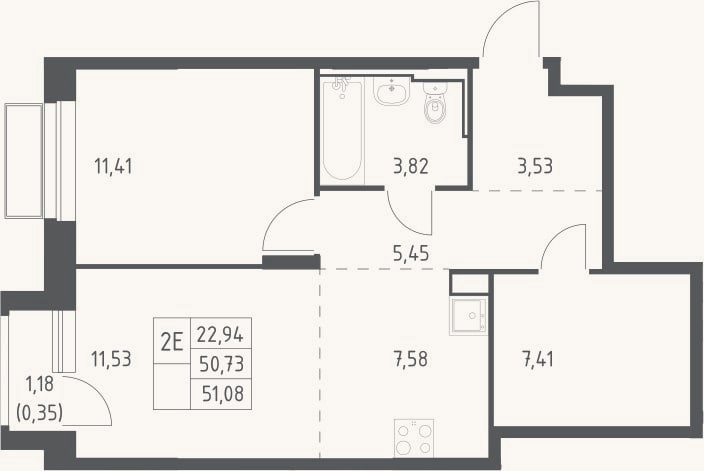 Планировка: 2-к, 50,7 м²