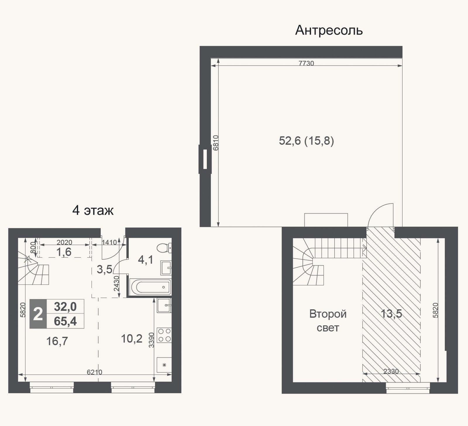 Планировка: 2-к, 49,6 м²