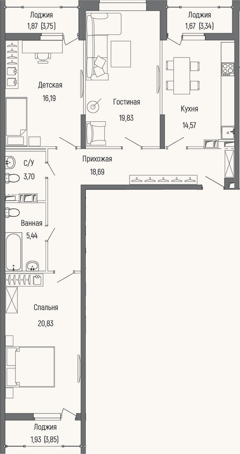 Планировка: 3-к, 99,3 м²