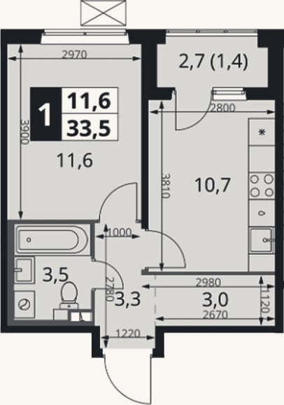 Планировка: 1-к, 32,1 м²